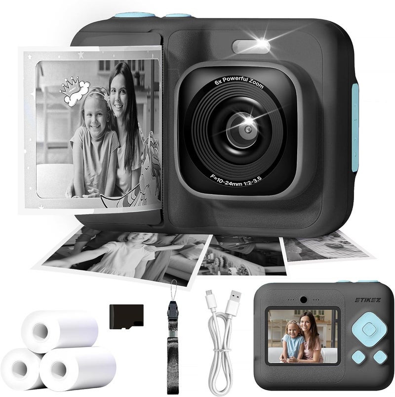 ETIKEZ Kids Camera, 1080P Instant Digital Print Camera for Kids, Christmas Birthday Gifts for 4 5 6 7 8 9 10 Year Old Girls Boys, Portable Toy with 32GB SD Card & 3 Rolls Printing Paper, Black - Image 1
